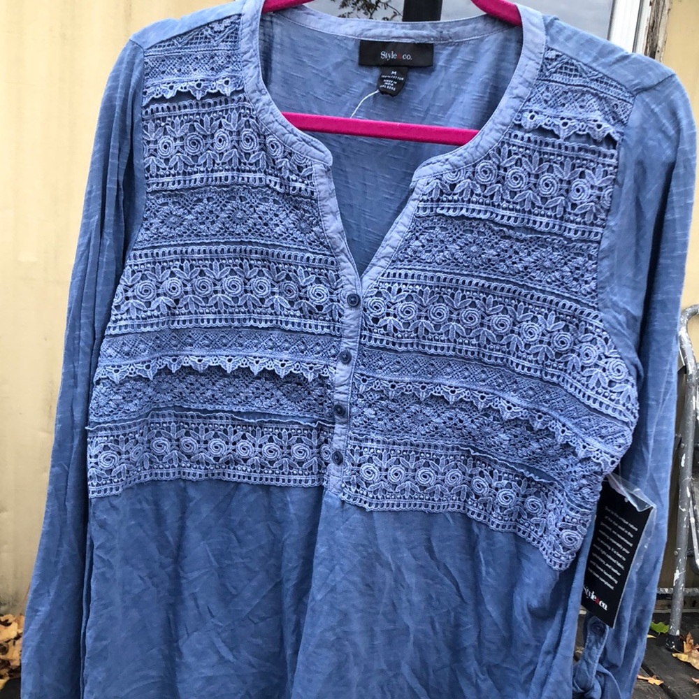 {$15 BUNDLED} New STYLE & CO Blue Lace Quarter Button V Neck Long Sleeve Top